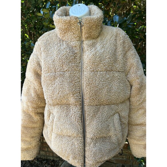 Hollister Mockneck Puffer Sherpa Cream Tan Beige Teddy Jacket Coat Sz Large - Picture 1 of 8